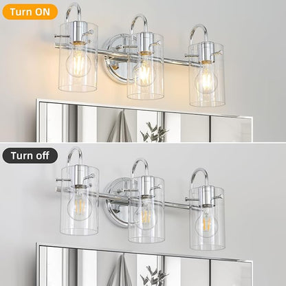 3 Lights Vanity Light, Bathroom Wall Light Fixture Over Mirror | Modern Metal Wall Sconce with Clear Glass Shade, Farmhouse Wall Mount Lamp for Washroom, Bathroom Living Room, Workshop