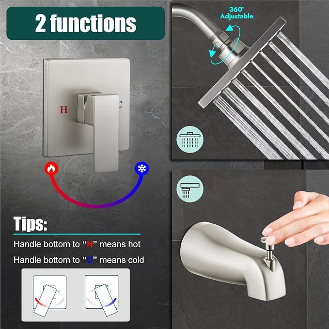 Heyalan 6 Inch Shower Faucet Set with Tub Spout and Valve,Brushed Nickel | 6-inch square rainfall head, tub spout with diverter, male-thread rough-in valve, single-handle control and wall-mount design