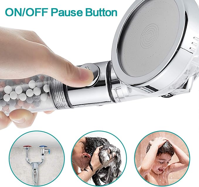 MIAOHUI Zenbody Shower Head with Filter Beads, Shut Off Button | 3 Modes Handheld Filtered Showerhead with On Off Switch, Shower Wand+Hose+Adjustable Bracket+Self-adhesive Holder