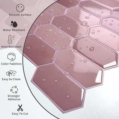 10-Sheet Long Hexagon Peel and Stick Kitchen Backsplash Tiles | 3D Waterproof Self-Adhesive Wall Tile Stick on Backsplash for Kitchen, Bathroom, Fireplace,RV(Pink,12"×12")