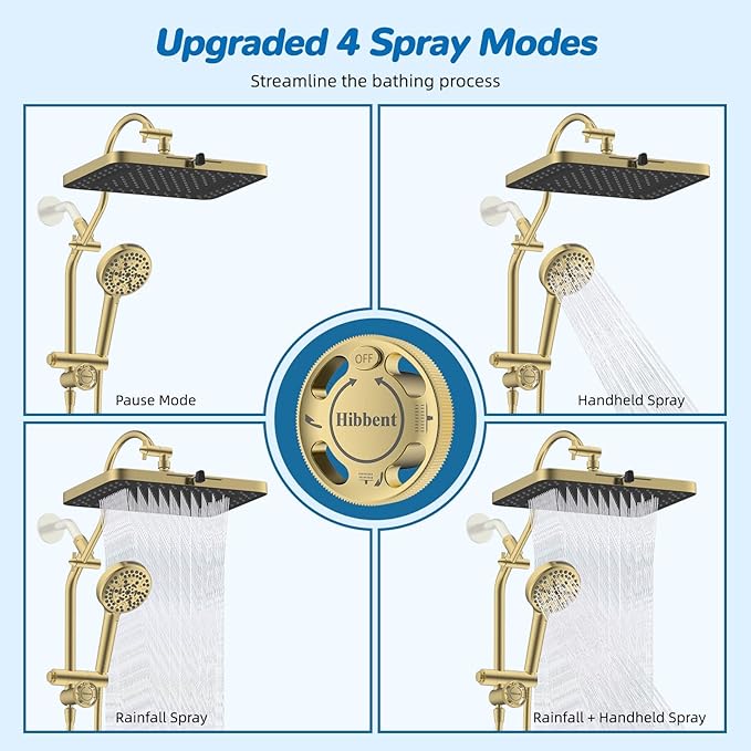 Hibbent cUPC Certified High Pressue 13'' Rainfall Shower Head with 5-Spray | Shower Heads with Handheld 10-Spray Combo, All Metal Easy Reach 4-way Diverter Arm, 71'' Hose & Holder, Brushed Gold