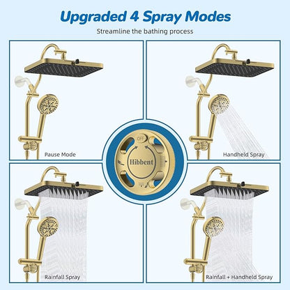 Hibbent cUPC Certified High Pressue 13'' Rainfall Shower Head with 5-Spray | Shower Heads with Handheld 10-Spray Combo, All Metal Easy Reach 4-way Diverter Arm, 71'' Hose & Holder, Brushed Gold