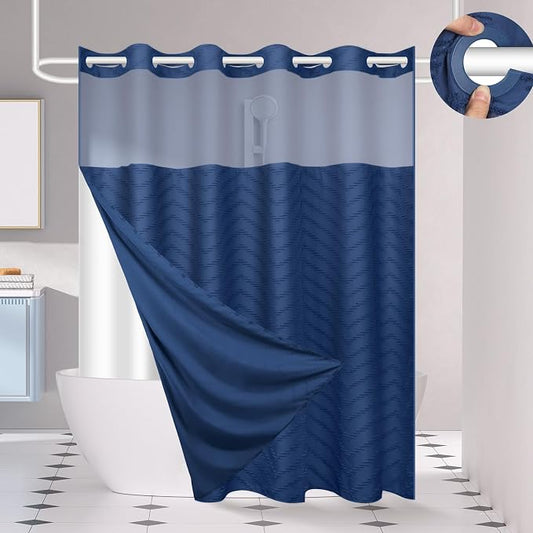 FADOTY Blue No Hook Shower Curtain Set with Snap in Liner, 71'' x 74'' | Bathroom Hotel Fabric Curtain, Waterproof Washable Liner, See Through Top Window, Ringless Chevron Tufted Cloth Curtain