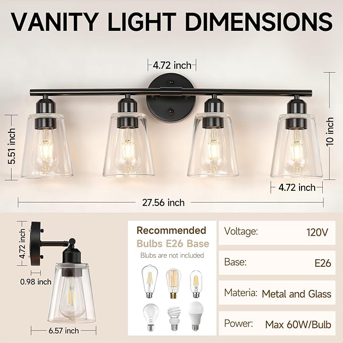 TALOYA 27 Inch Brushed Black Bathroom Light Fixtures with Thickend Clear Tapered Glass Shade, 4-Light Modern Vanity Light Over Mirror for Bathrooms, Bedrooms (Bulbs Not Included)