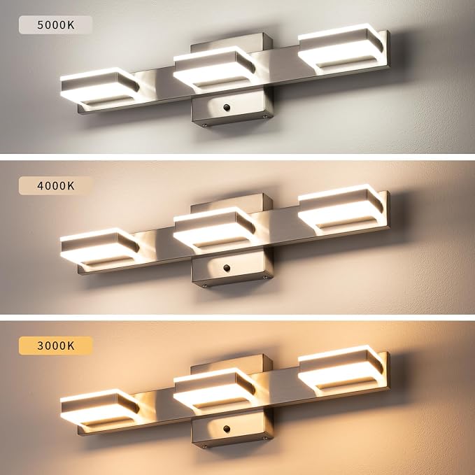 mirrea 20" 3 Light 3CCT LED Brushed Nickel Bathroom Vanity Light Fixture | Over Mirror,3000K/4000K/5000K ,Dimmable,Light Fixtures for Mirror,Rust-resistant,Moisture-resistant,Acrylic shade