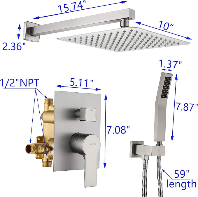 SHAMANDA Rainfall Shower System, Bathroom Luxury 10-Inch Rain Shower Head and Handheld Shower Faucet Combo Set Brushed Nickel(Including Rough-In Valve Body and Trim), Wall Mount, L701-2
