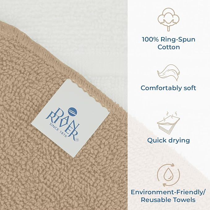DAN RIVER 100% Cotton Washcloths 20 Pack Premium Quality Face and Body Cloth, Quick Dry Essential Towels for Bathroom, Hand, Kitchen & Cleaning, Baby Washcloths | 11X11 in | 400 GSM | Tan + White