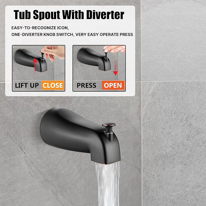 Heyalan 8 Inch Shower Faucet Set with Tub Spout and Valve,Oil Rubbed Bronze | 8-inch square rainfall head, tub spout with diverter, male-thread rough-in valve, single-handle control and wall-mount design