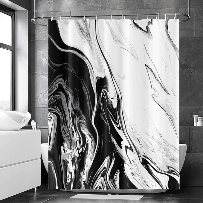 Black and White Shower Curtain, Modern Abstract Black Marble Shower Curtain for Bathroom Aesthetic Ink Texture Waterproof Shower Curtain Set with Hooks, 72x78 Inch