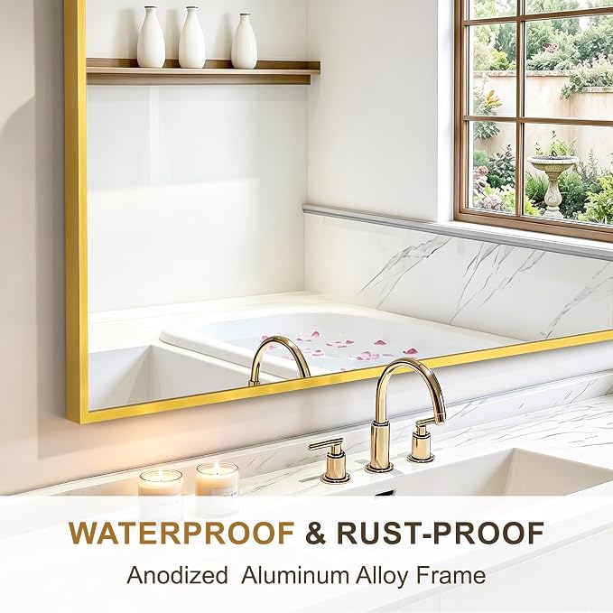 Rectangular Bathroom Mirror, 36"x24" Gold Metal Framed Vanity Mirror | HD Shatterproof Wall Mirror, Horizontal or Vertical Hanging, Easy Installation for Bathroom, Bedroom, Living Room, Entryway