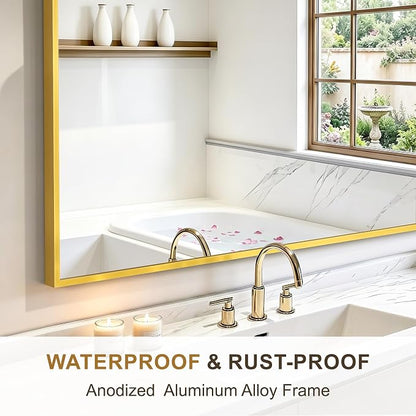 Rectangular Bathroom Mirror, 36"x24" Gold Metal Framed Vanity Mirror | HD Shatterproof Wall Mirror, Horizontal or Vertical Hanging, Easy Installation for Bathroom, Bedroom, Living Room, Entryway