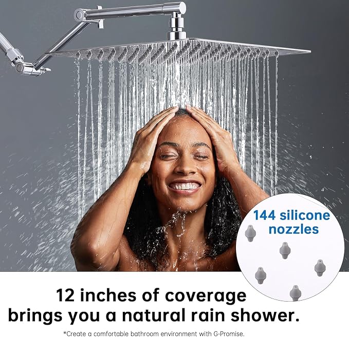 G-Promise 12 Inch All Metal Rain Shower Head with Extension Arm | Built to Last, Rust Resistant, Easy to Install, Adjustable, Full Body Coverage Large Rainfall Shower Head, Daily SPA