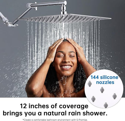 G-Promise 12 Inch All Metal Rain Shower Head with Extension Arm | Built to Last, Rust Resistant, Easy to Install, Adjustable, Full Body Coverage Large Rainfall Shower Head, Daily SPA