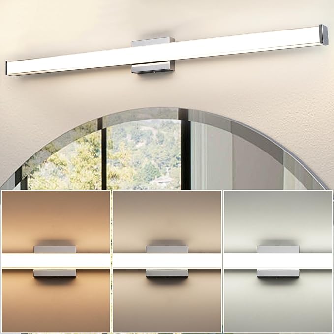 Modern LED Bathroom Vanity Light 48 inch 32W Dimmable 3CCT Bathroom Light Fixture Over Mirror Rectangle Bath Vanity Light Bar with Double Layer Acrylic Shade (Chrome)