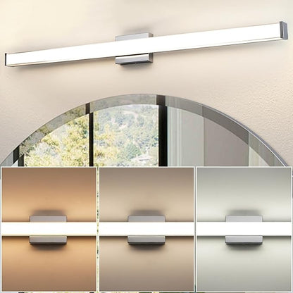 Modern LED Bathroom Vanity Light 48 inch 32W Dimmable 3CCT Bathroom Light Fixture Over Mirror Rectangle Bath Vanity Light Bar with Double Layer Acrylic Shade (Chrome)