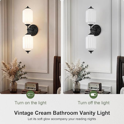 Vintage Milk Glass Bathroom Vanity Light, 2-Light Vintage Wall Sconce with Antique Brass Finish Base & White Glass Shad, Wall Sconce Lighting for Mirror, Living Room, Gallery (Bulbs Included)
