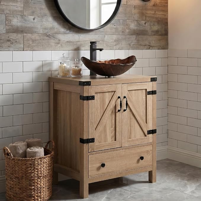24-inch Natural Color Bathroom Vanity, Rustic Fixture Standing Pedestal Cabinet with Brown Leaf Sink