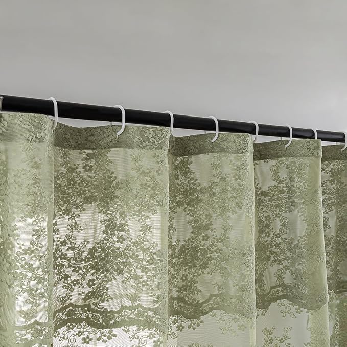 TUDECO Sage Green Shower Curtain with Attached Valance, 72 x 72, 1 Panel | Delicate Lace, Rustic Green Floral, Farmhouse Bathroom Decor, Brightens Space, Gentle Privacy, Scalloped Edges
