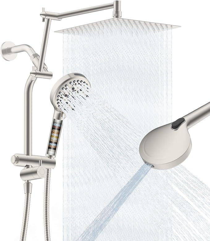 12" Metal Rain Shower Head with Handheld, 10-Mode with Filter, Easy Reach | Brushed Nickel, High-Pressure Rainfall Showerhead, 4-Way Diverter Pause Mode, Adjustable 16" Extension Arm/71" Hose/Holder