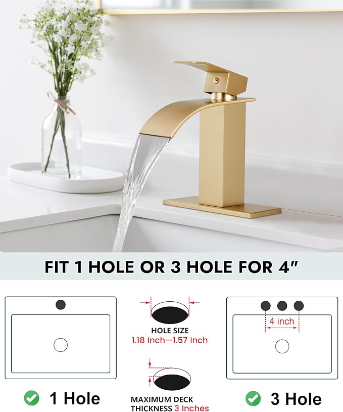 Midanya Waterfall Bathroom Faucet 1 Hole,Brushed Gold | with 24” Hoses,Pop Up Drain,6” Deck Plate,for 1 or 3 Hole Vanity,Lavatory,RV,Single Handle Bathroom Sink Faucet,NSF Certified
