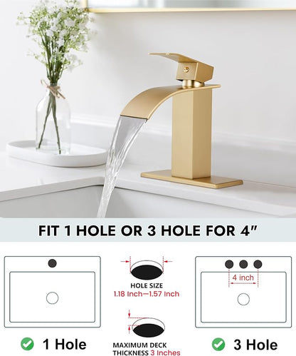 Midanya Waterfall Bathroom Faucet 1 Hole,Brushed Gold | with 24” Hoses,Pop Up Drain,6” Deck Plate,for 1 or 3 Hole Vanity,Lavatory,RV,Single Handle Bathroom Sink Faucet,NSF Certified