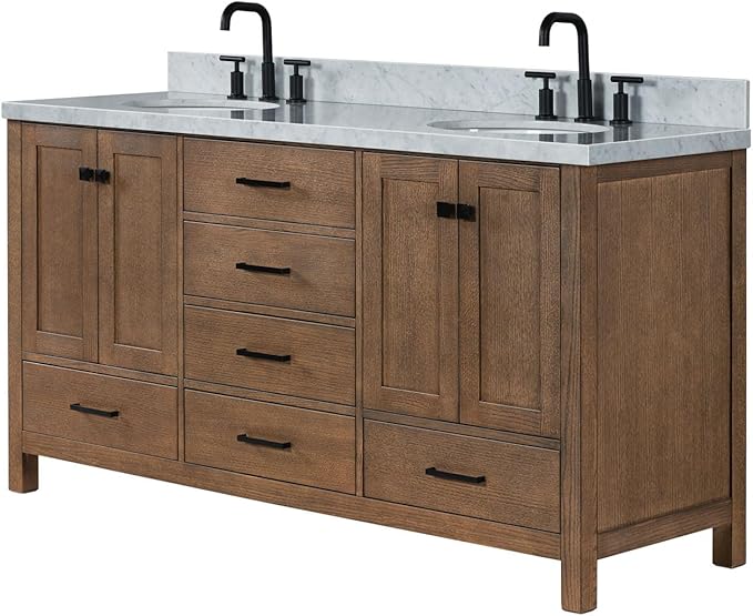 ARIEL Cambridge 66-inch Bathroom Vanity with Sink,Solid Wood, 1.5-inch Italian Carrara Marble Countertop, Double Oval Porcelain Sink, 4 Soft Closing Doors, 6 Dovetail Drawers, Brown Oak