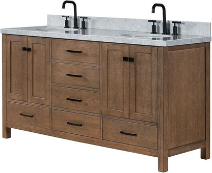 ARIEL Cambridge 66-inch Bathroom Vanity with Sink,Solid Wood, 1.5-inch Italian Carrara Marble Countertop, Double Oval Porcelain Sink, 4 Soft Closing Doors, 6 Dovetail Drawers, Brown Oak