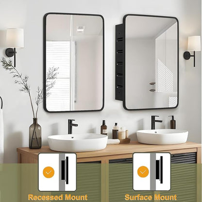 Black Medicine Cabinet 22x28 inch, Bathroom Mirror with Storage, Recessed or Wall Mounted Farmhouse Cabinets, Metal Framed Adjustable Shelves, One Door Open Left or Right