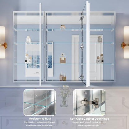 52" x 36" Bathroom Medicine Cabinet with Mirror, Anodized Chrome Aluminum Frame, Surface Mount or Recessed Medicine Cabinet with Mirror, Bathroom Mirror with Storage, Three Doors