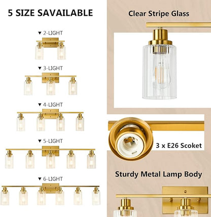 Jonsi 3 Light Brushed Gold Bathroom Vanity Lights with Fluted Glass Shade, Modern Gold Bathroom Lights Over Mirror
