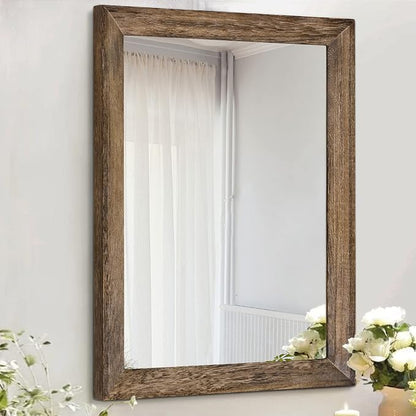 AAZZKANG Rustic Wood Mirror Rectangle Decorative Wall Mirrors with Frame | Bedroom Living Room Bathroom Entryway Hanging Small Brown