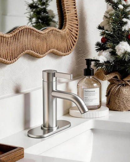 Brushed Nickel Bathroom Faucet Single Hole with Pop-Up Bathroom Drain and Flexible Hoses Single Handle Bathroom Sink Faucet w/Deck Plate(1 or 3 Hole) for Vanity Sinks, RV, Farmhouse