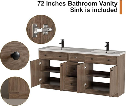 LUCKWIND 72" Bathroom Vanity Sink Combo, Modern Bathroom Cabinet with Double Undermount Solid Surface Vanity Sink, Soft-Close Hinges & Water-Saving Faucet, Taupe