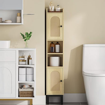Hzuaneri Slim Bathroom Storage Cabinet, Narrow Bathroom Organizers,2 Doors | Narrow Bathroom Storage with 4 Adjustable Feet, Laundry Room Organization for Small Space,Kitchen, Rattan Yellow BC22402Y