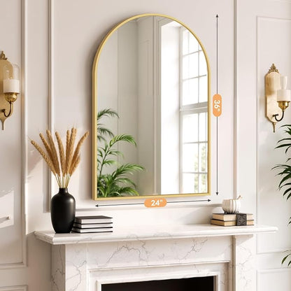 Bathroom Mirror for Wall, 36x24 Inch Arched Mirror, Matte Gold Metal Framed Bathroom Vanity Mirrors for Restroom Farmhouse, Anti-Rust, Tempered Glass, Hanging or Leaning