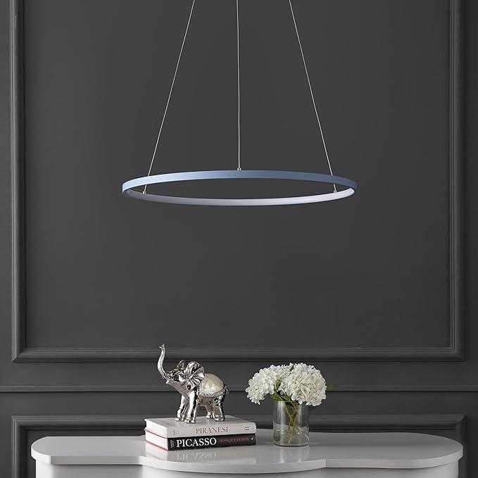 JONATHAN Y 23.75" Blue Modern Integrated LED Pendant Light, Dimmable Round Hoop Chandelier for Kitchen Island, Dining Room, Adjustable Height Metal Hanging Light (JYL7203D)