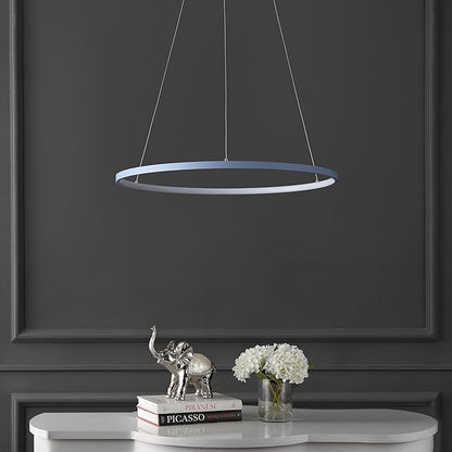 JONATHAN Y 23.75" Blue Modern Integrated LED Pendant Light, Dimmable Round Hoop Chandelier for Kitchen Island, Dining Room, Adjustable Height Metal Hanging Light (JYL7203D)