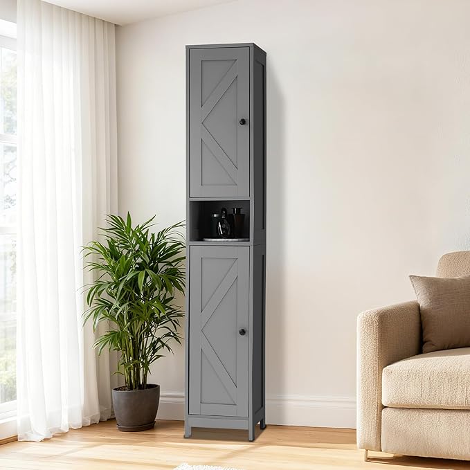 GarveeHome Tall Narrow Bathroom Cabinet, 66.9" Small Skinny Bathroom Storage Cabinet for Small Spaces | Freestanding Water Resistant Organizer for Bathroom, Kitchen, Hallway (2 Doors, Grey)