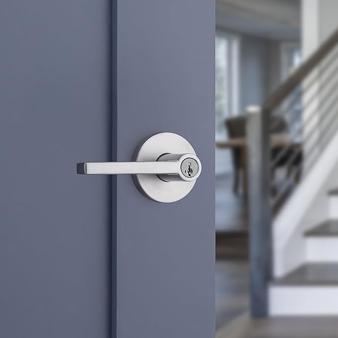 Kwikset Halifax Entry Door Handle with Lock and Key, Secure Round Keyed Reversible Lever Exterior, for Front Entrance and Bedrooms, Satin Chrome, Pick Resistant Smartkey Rekey Security and Microban