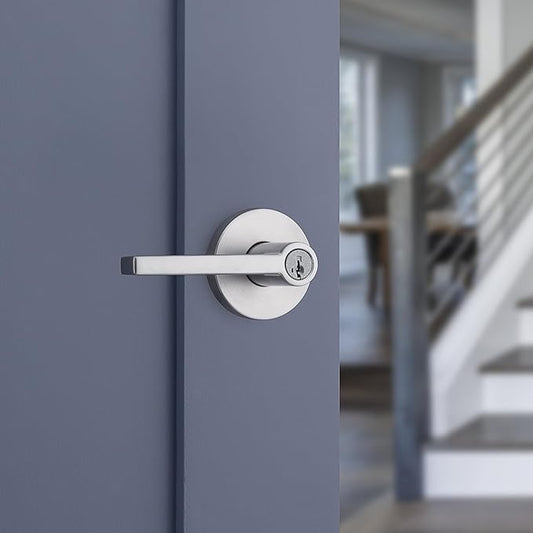 Kwikset Halifax Entry Door Handle with Lock and Key, Secure Round Keyed Reversible Lever Exterior, for Front Entrance and Bedrooms, Satin Chrome, Pick Resistant Smartkey Rekey Security and Microban