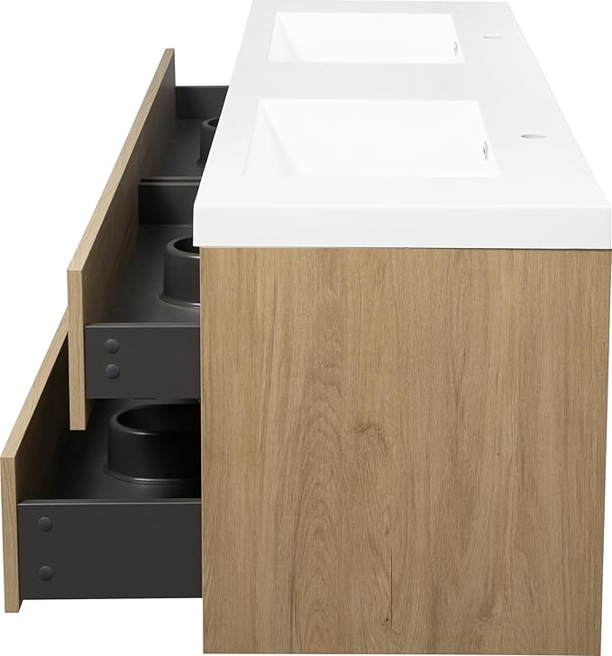60" Wall-Mounted Bathroom Vanity, Double Sink Floating Cabinet with Stone Resin Countertop & Soft-Close Drawers, Modern Floating Storage Solution,Natural Oak