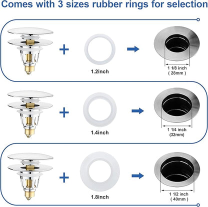 Universal 3-in-1 Bathroom Sink Stopper - Chrome Pop Up Sink Drain Stopper, Push Button Sink Drain Stopper Replacement, Wash Basin Drain Filter Plug with Anti-Clogging Strainer, (Large Cover)