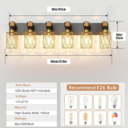 IZORRO Farmhouse Bathroom Vanity Light, 6-Light Wood Bathroom Light Fixtures Over Mirror, Black and Gold Industrial Vanity Lights with Metal Shade, Rustic Restroom Lighting Fixtures