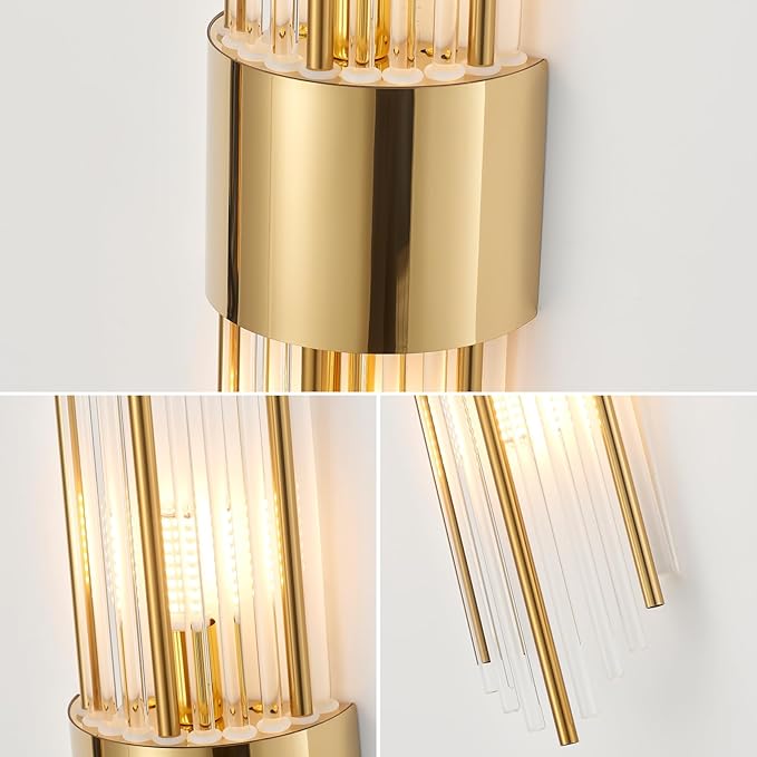 Modern Gold Crystal Wall Sconce, Gold Wall Light Vertical Rod Design，Vintage Looking Gold Metal Wall Sconce, for Living Room, Bedroom, Bathroom, Vanity, Staircase, Hallway