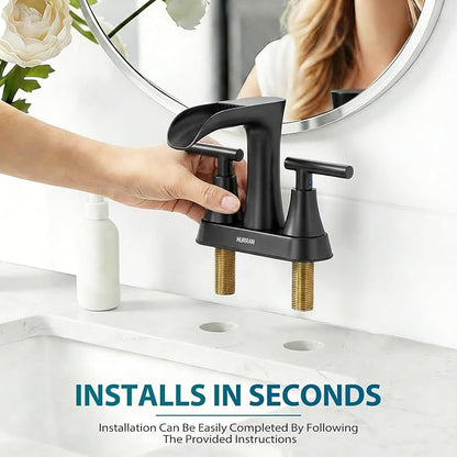 Waterfall Bathroom Faucets 3 Hole, HURRAN 4 Inch Centerset Bathroom Sink Faucet with Pop-up Drain, Stainless Steel 2 Handle Modern Sink Faucet Mixer Tap for Vanity RV Restroom Basin, Matte Black