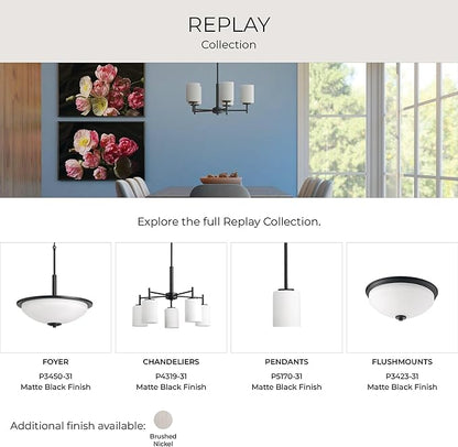 Progress Lighting Replay Collection 48 in. 6-Light Textured Black Etched White Glass Modern Bath Vanity Light