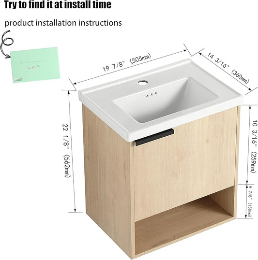 20" Bathroom Vanity with Sink, 20 Inch Floating Bathroom Vanity for Small Space, Modern Bathroom Vanity,Brown Wall Mounted Cabinet Set (066, PLO, 20''W x 14''D)