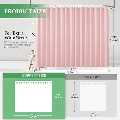 Extra Wide Waffle Shower Curtain 256 GSM Fabric 180x72 Pink | 180 Inch Wide, Thick Cloth, Weighted Hem, Water Repellent, Hotel Luxury Polyester Shower Curtain Set for Bathroom 32 Hooks
