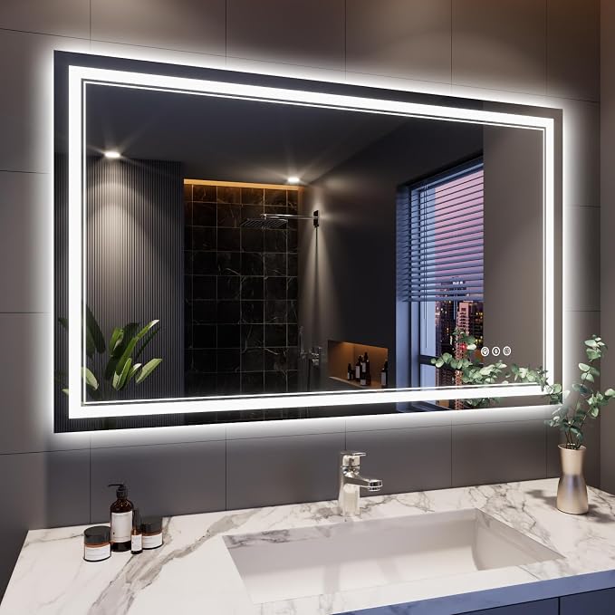 48x30 Inch RGB LED Bathroom Mirror with Lights | Front and RGB Backlit, Dimmable, Memory, Anti Fog, Shatterproof, Horizontal/Vertical, Lighted Mirrors for Bathroom Wall