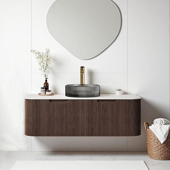 48" Floating Bathroom Vanity with Sink, Modern Wall-Mount Bathroom Cabinet with 2 Large Storage Drawers, Round Transparent Black Glass Basin and Marble Top, Soft-Close Design, Dark Walnut